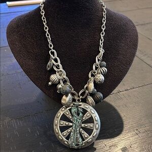 NWT DaVinci Wheelbarrow Western Couple Silver Large Statement Pendant Necklace